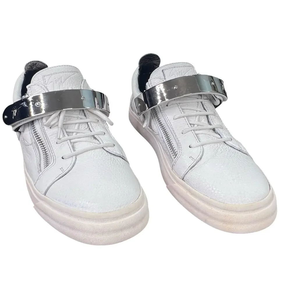 Giuseppe Zanotti White Leather Ski-Buckle Low-Top Sneakers Size 44 US 11